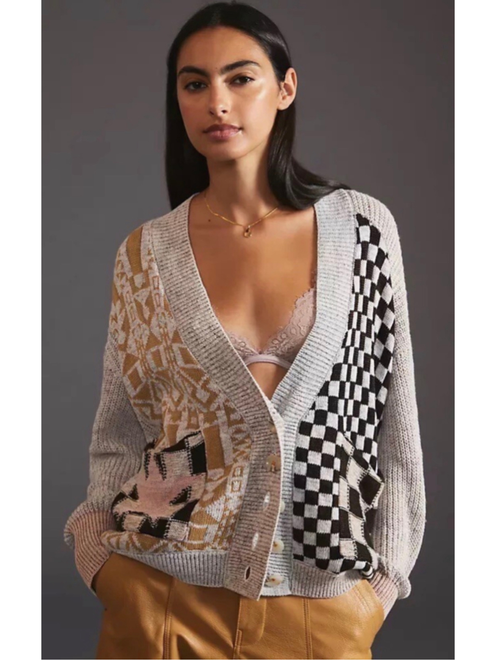 Pilcro Anthropologie Mash-Up Cardigan XS Checkered Patchwork Oversized Sweater